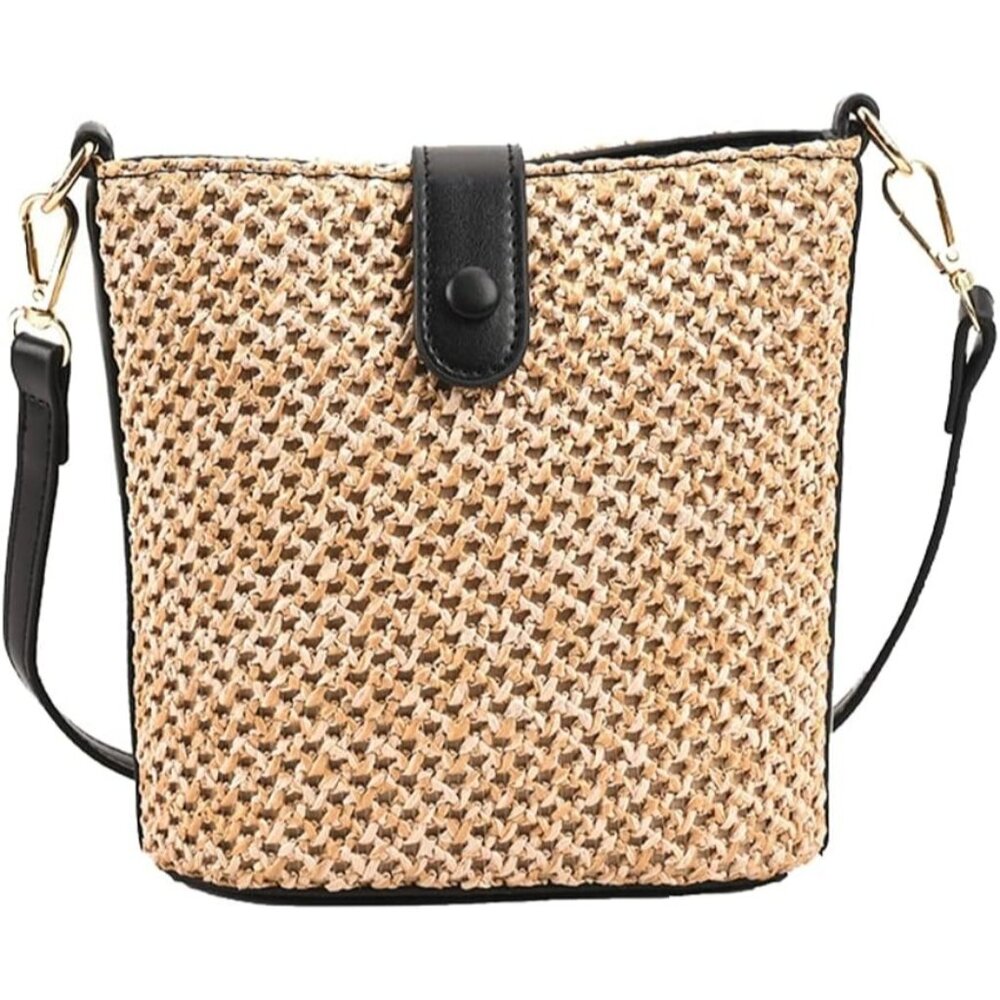 Women Bag Beach Handmade Rattan Shoulder Black Leather Straps